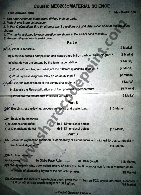 MEC208 Material Science End Term Exam Question Paper Mechanical