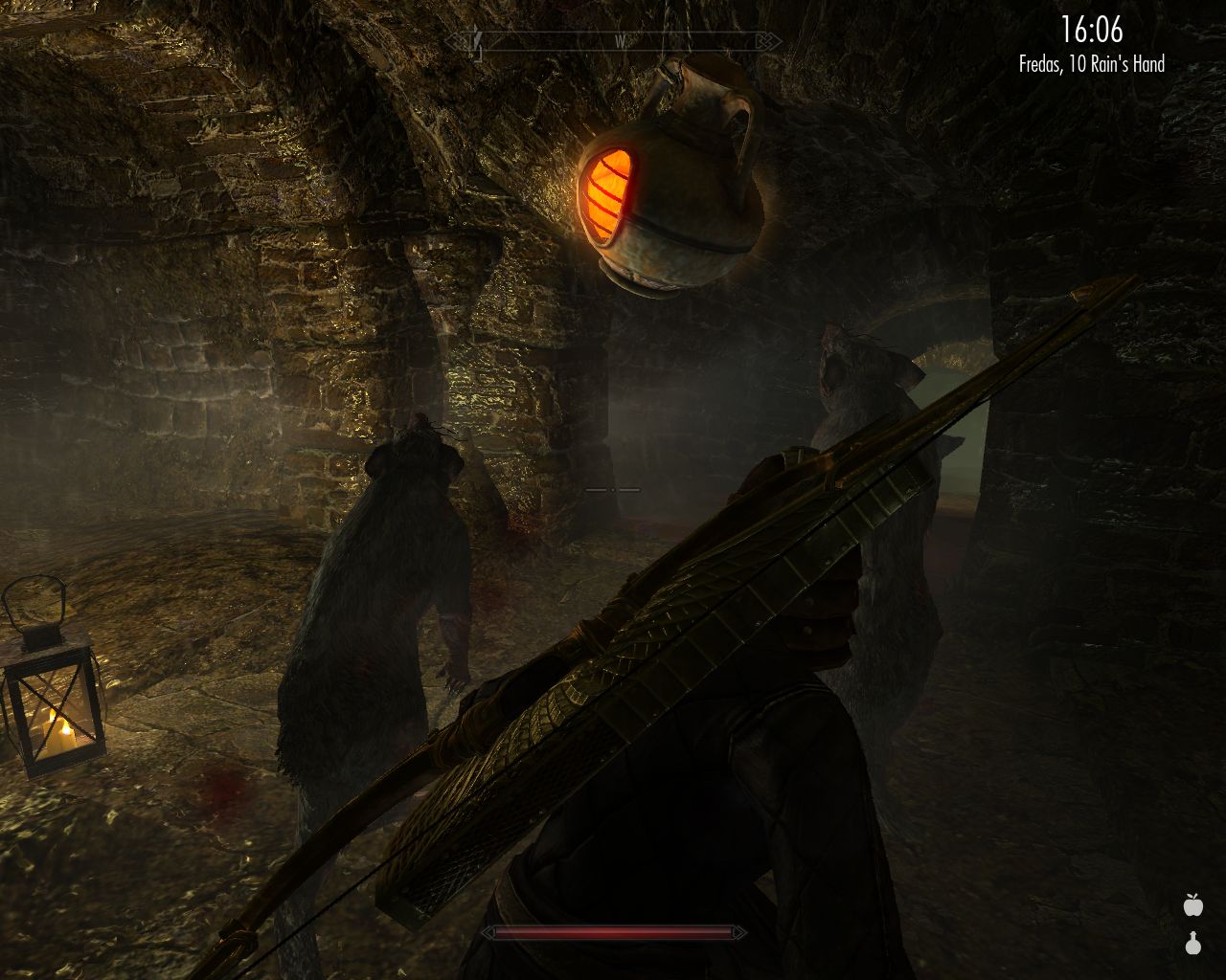 dungeon with brick walls, Laura crouches near two rats almost as tall as humans on their hind legs