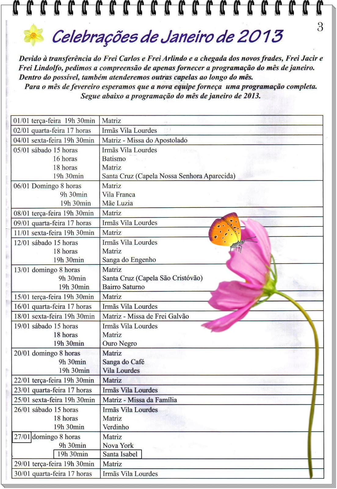 Catequese Santa Isabel Calendário de missas