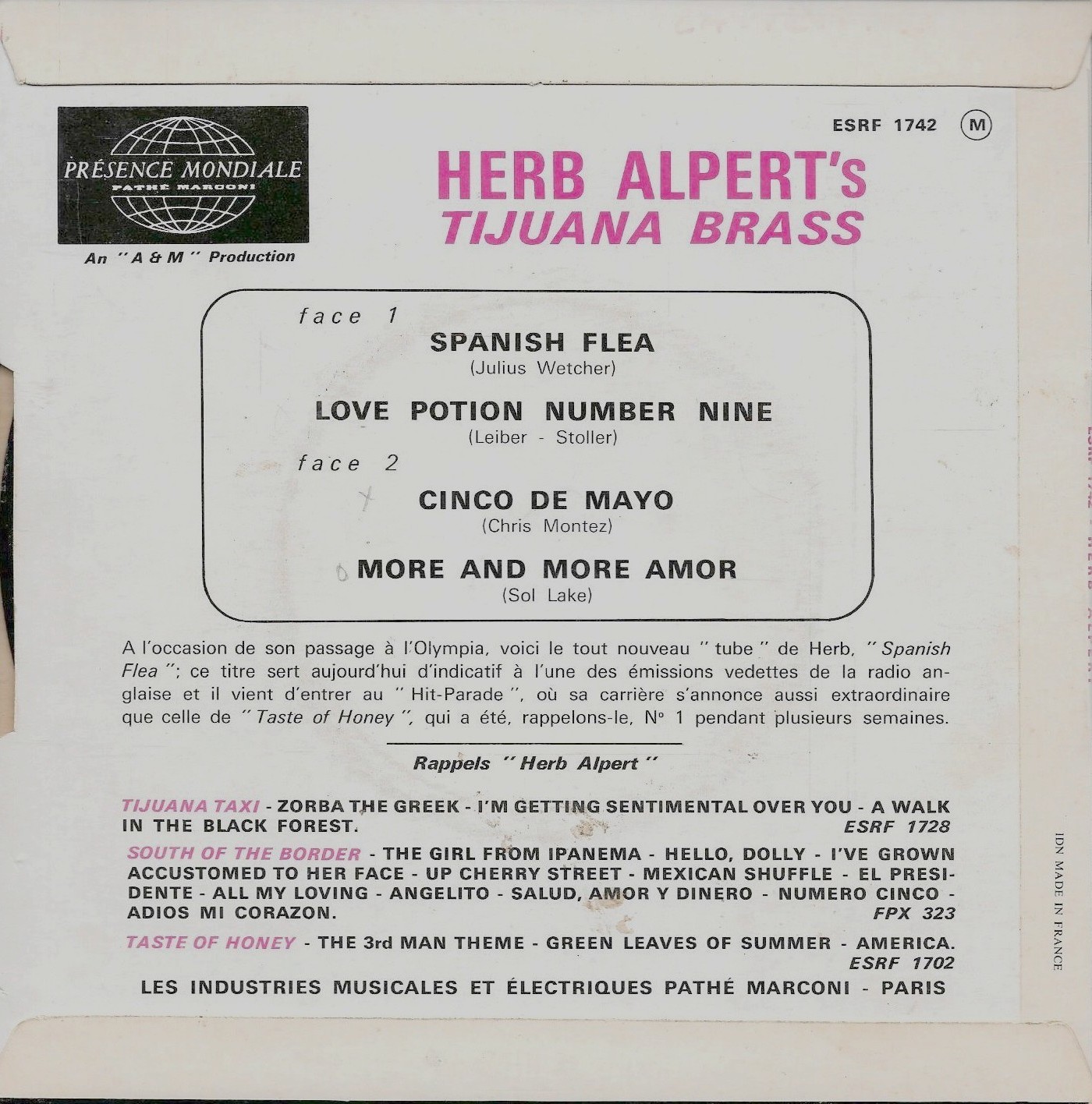 Les EPs français Herb ALPERT 1966 FRCOLUMBIA 1742 Spanish flea