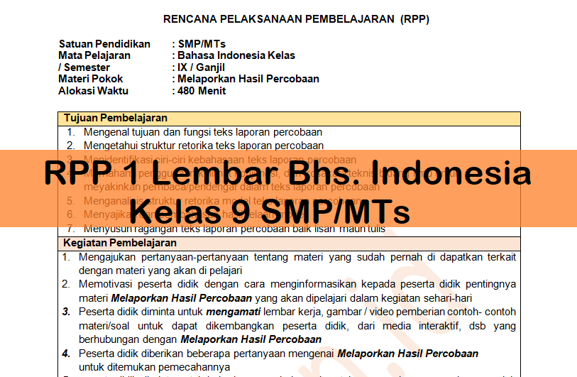 Rpp 1 Lembar Bhs Indonesia Kelas 9 Smp Mts Antapedia Com