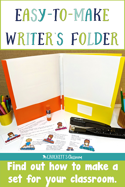 Find out how you can keep your writers organized with these easy-to-make folders.  All you need is two pocket folders and a long-arm stapler.  The four pockets are great for holding all the papers student writers need as they work through the writing process;  prewriting, drafting, revising/editing, and publishing.  Your students will be so organized they'll be able to complete their writing projects on time!