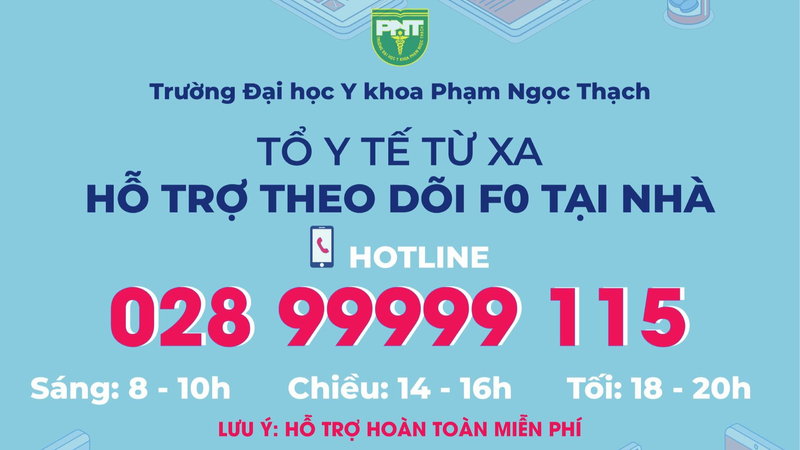 Tổ Y tế từ xa hỗ trợ miễn phí F0 đang cách ly tại nhà.  Mô hình Tổ Y tế từ xa hỗ trợ theo dõi, chăm sóc F0 đang cách ly tại nhà do Trường Đại học Y khoa Phạm Ngọc Thạch thực hiện, nhằm giúp các F0 có cơ hội được khám bệnh từ xa, điều trị đúng cách và nhanh chóng khỏi bệnh.    Nguồn: https://tv.nld.com.vn/thoi-su-trong-nuoc/to-y-te-tu-xa-ho-tro-mien-phi-f0-dang-cach-ly-tai-nha-15919.htm Theo (Người lao động) Đông Y Gia Truyền Tấn Khang chúc bạn sức khỏe.