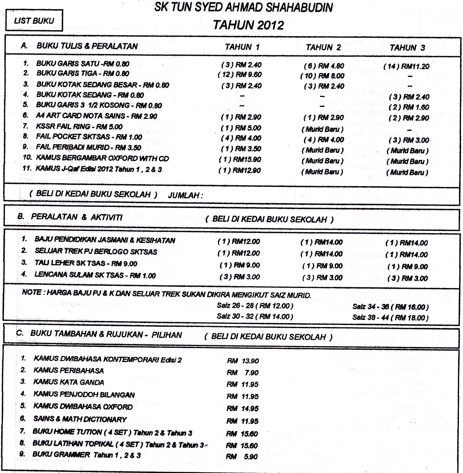 SEKOLAH KEBANGSAAN TUN SYED AHMAD SHAHABUDIN: SENARAI HARGA BUKU TULIS