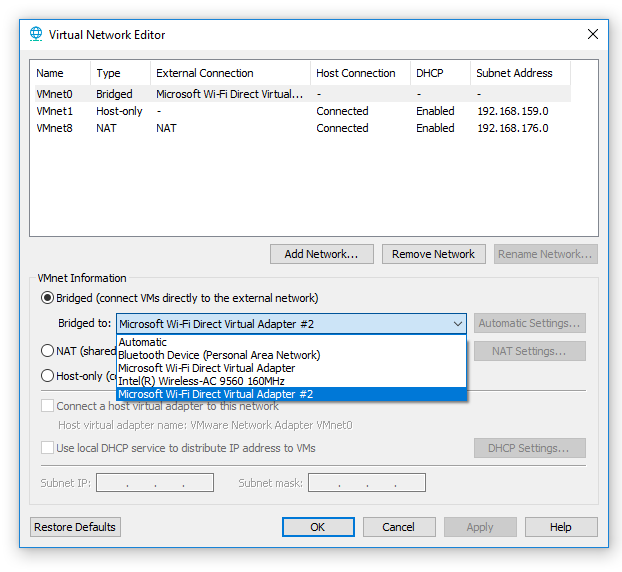Network adapters missing from VMware Workstation Virtual Network Editor bridged settings.