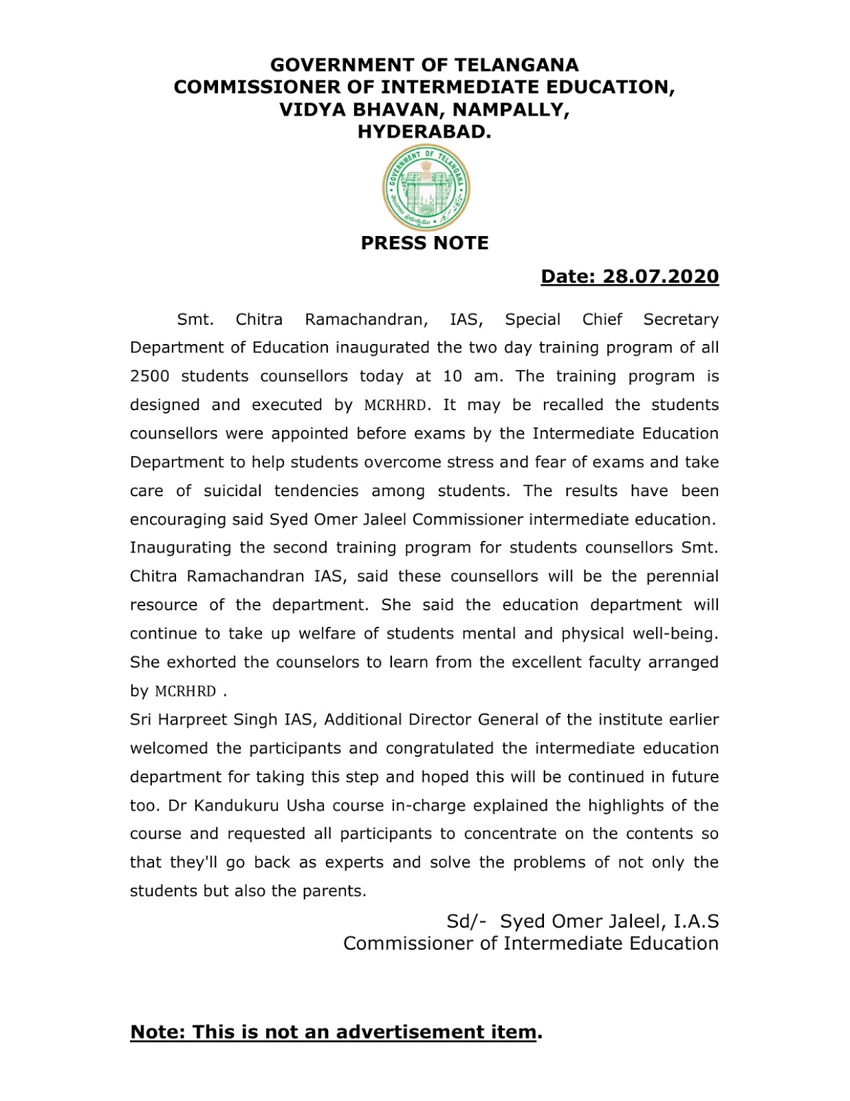 Telangana Intermediate Board Inaugurated the Two Day Training Program Press Note