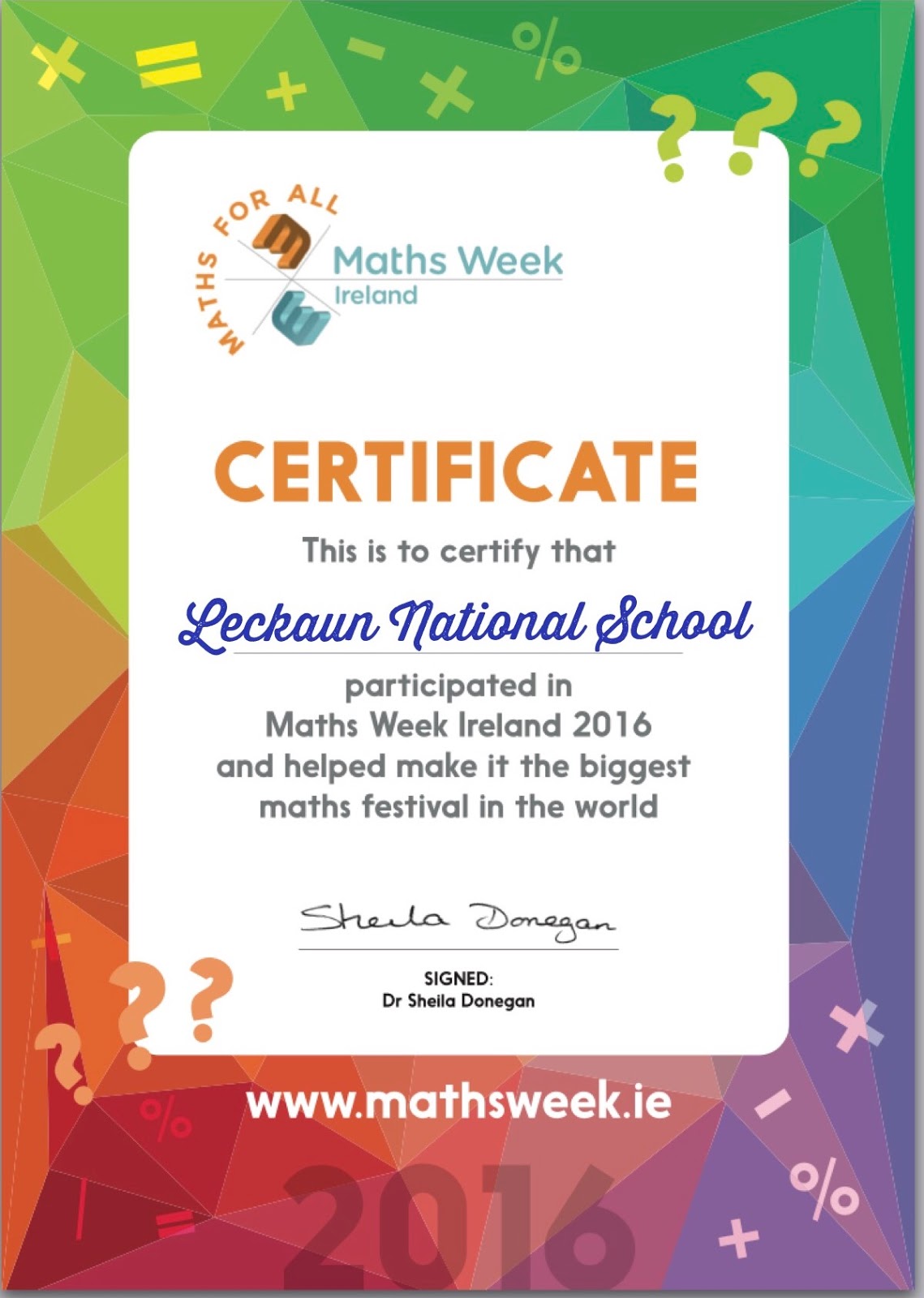 Leckaun National School Maths Week Certificate