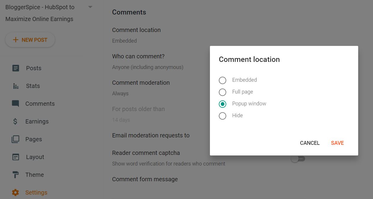 How to enable or disable Popup and Full Page comments on Blogger Pages and Posts?
