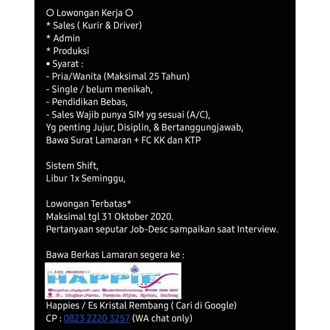 Lowongan Kerja Kurir Dan Driver Happies Es Kristal Rembang Tanpa Syarat Pendidikan Lowongan Kerja Kurir Dan Driver Happies Es Kristal Rembang Tanpa Syarat Pendidikan