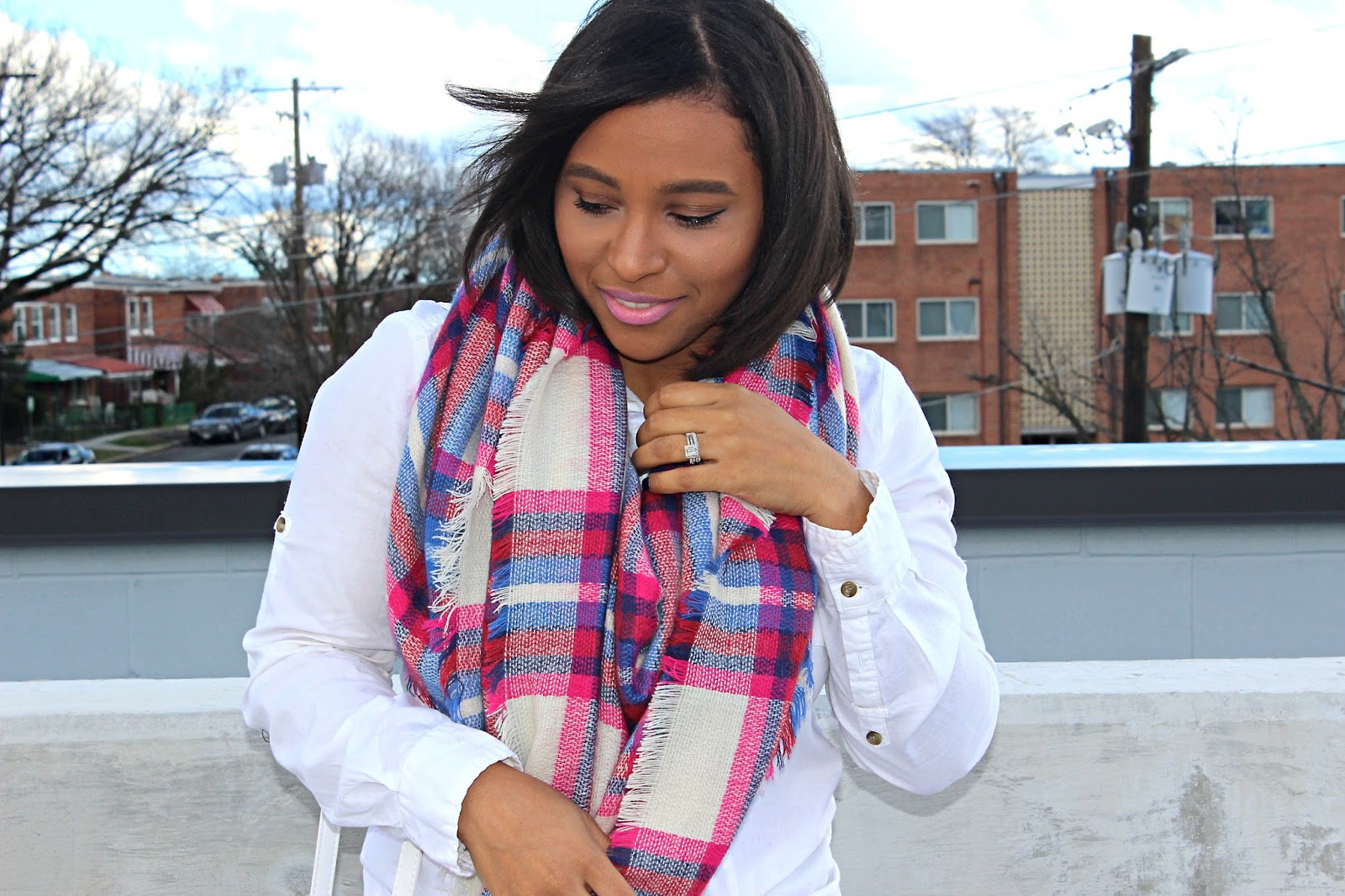 plaid scarf, pink, pink outfits, how to wear pink, flare denim, pink shoes