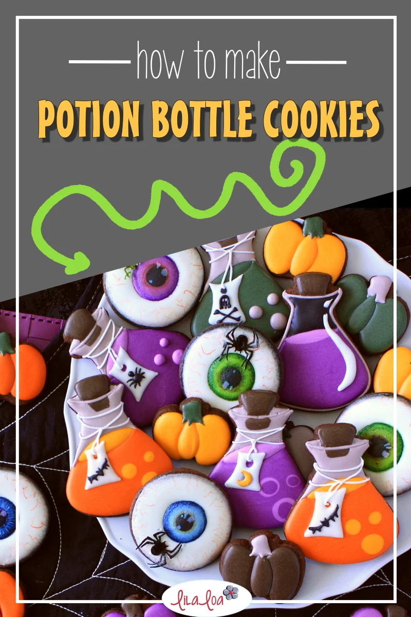 Potion bottle decorated chocolate sugar cookies for Halloween