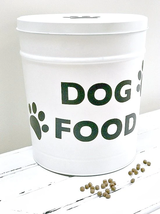 Recycled Dry Dog Food Container storage with vinyl lettering