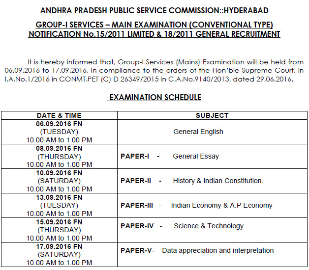 Group 1 Remains Exam Dates 2016 APPSC Official Telangana State