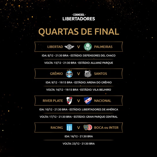 www.seuguara.com.br/datas/horários/quartas de final/Copa Libertadores 2020/
