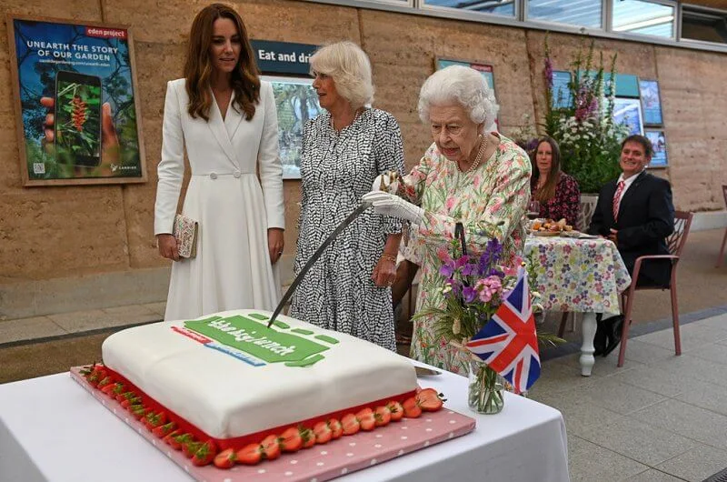 Queen in a floral outfit, Kate  in white coat dress, Carrie Johnson, wore a dressby Vampire’s Wife, Jill Biden in trench coat