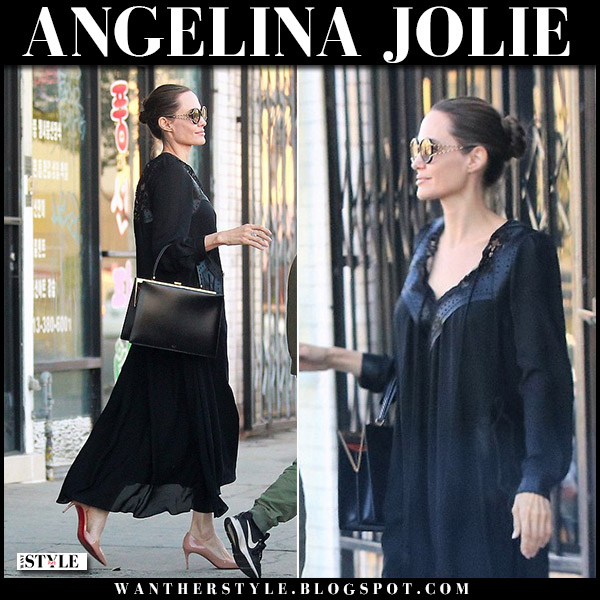 Angelina Jolie In Black Dress And Tan Pumps In Los Angeles On