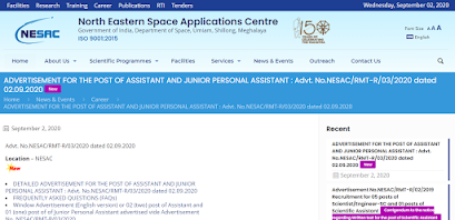 North Eastern Space Applications Centre (NESAC), Recruitment 2020 For ASSISTANT AND JUNIOR PERSONAL ASSISTANT