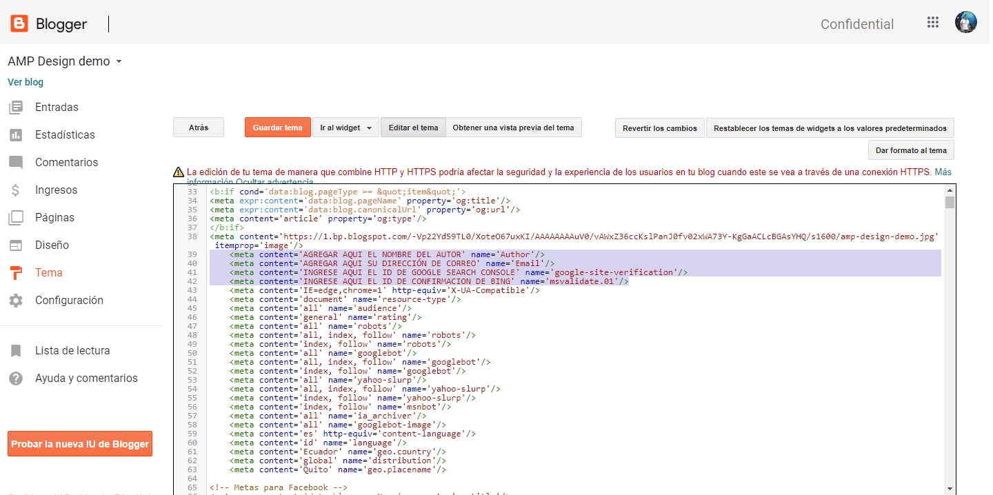 Cómo editar las meta etiquetas de las plantillas de Blogger en AMP