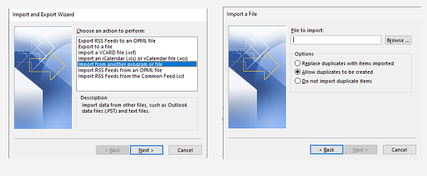 Option d'importation dans les fichiers Outlook NSF