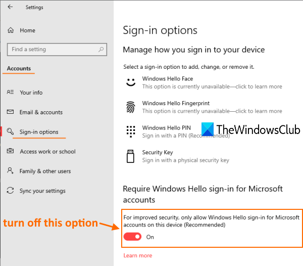 accéder à la page des options de connexion et désactiver uniquement l'option de connexion Windows Hello