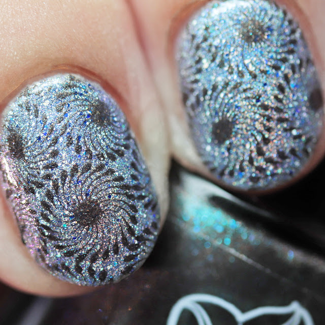 Moonflower Polish The Stone Dog stamped over Blush Lacquers The Blue Lady using Über Chic 22-03 plate