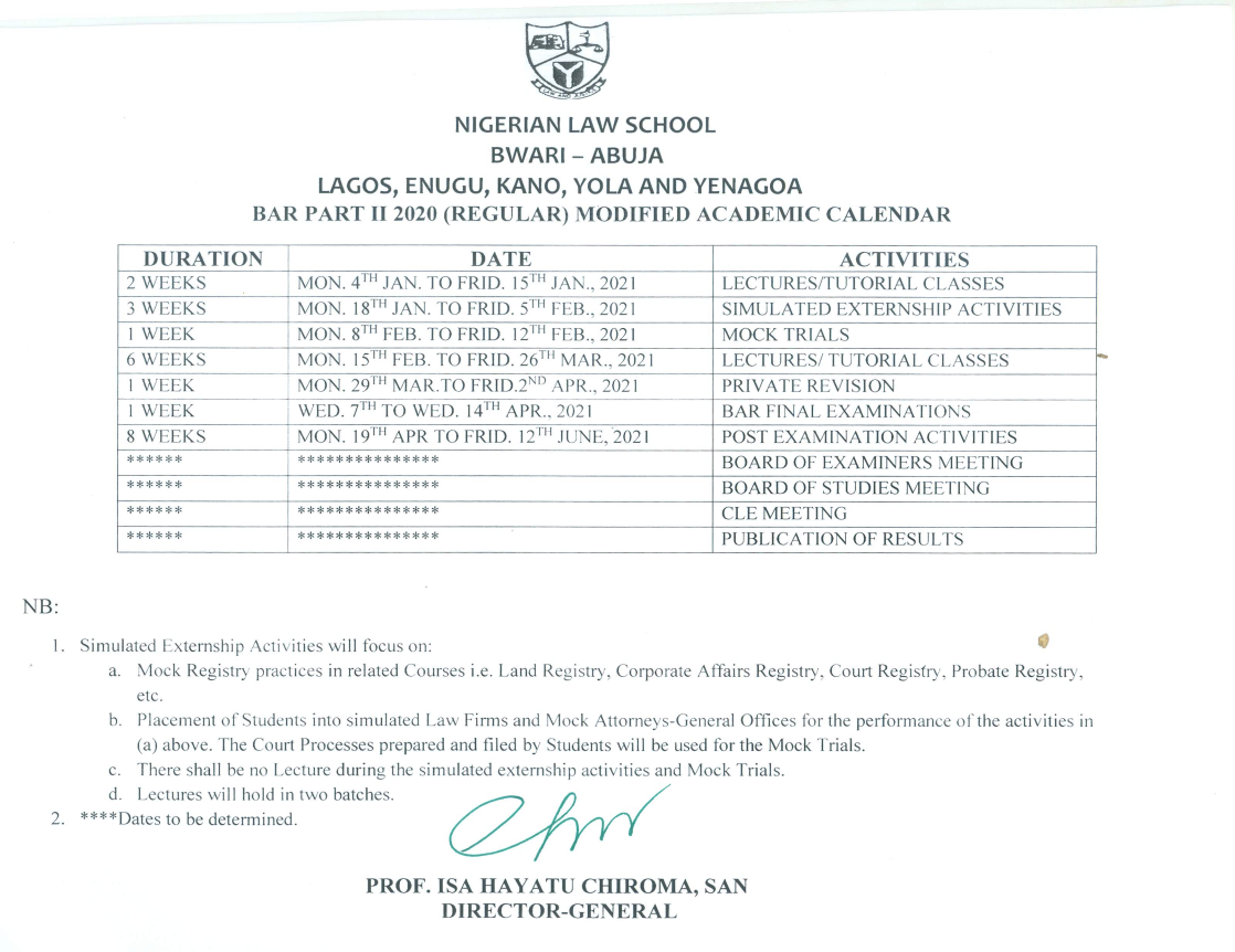 NLS Academic Calendar Schedule 2020/2021 [Bar Part I, II]