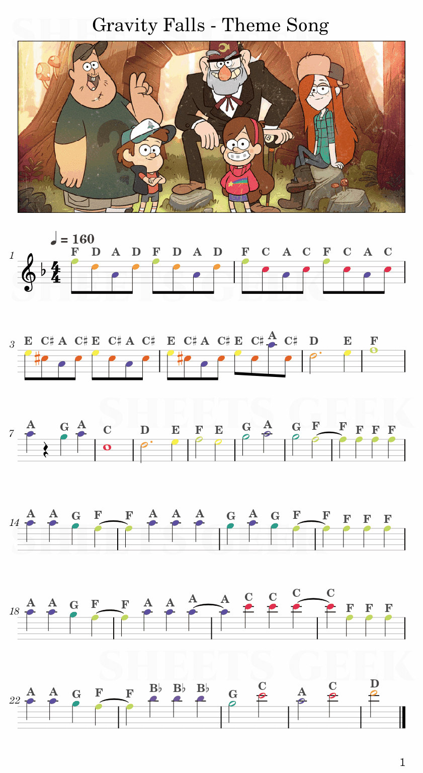 Gravity Falls - Theme Song Easy Sheets Music Free for piano, keyboard, flute, violin, sax, celllo 1