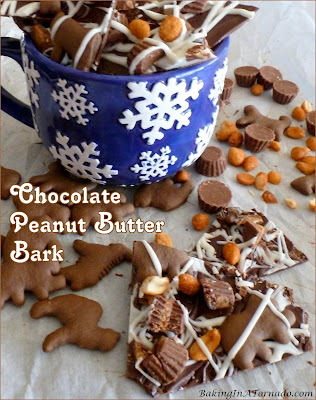 Chocolate Peanut Butter Bark is a sweet treat for chocolate peanut butter lovers. No bake, just melt, assemble, refrigerate, and break apart. | Recipe developed by www.BakingInATornado.com | #recipe #chocolate