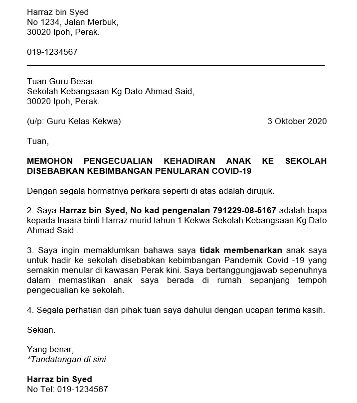 Contoh surat tidak hadir ke sekolah covid 19