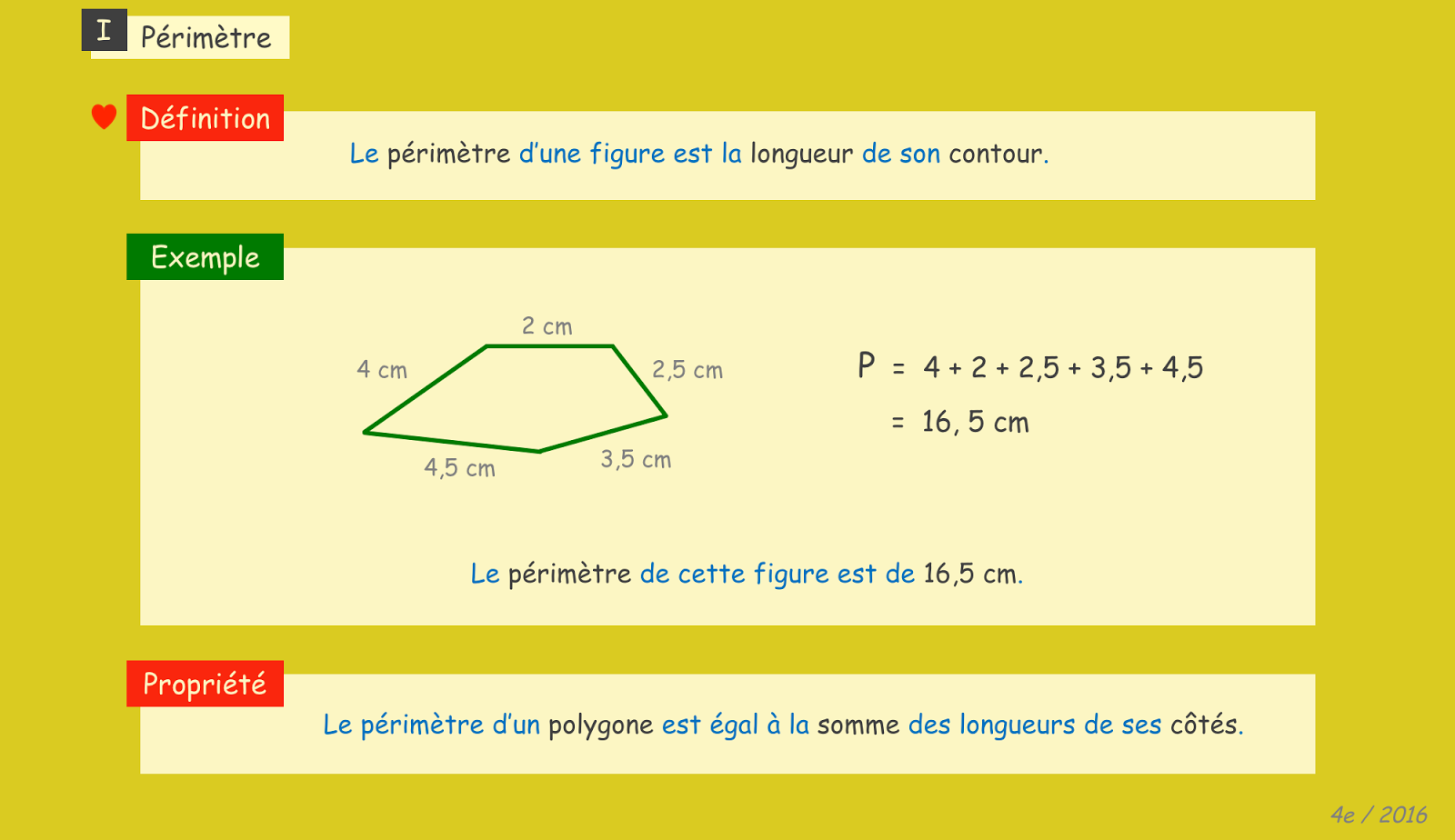 Cours de Maths / 4e 2016 CH 11 Périmètre, aire et volume Cours de Maths / 4e 2016 CH 11 Périmètre, aire et volume