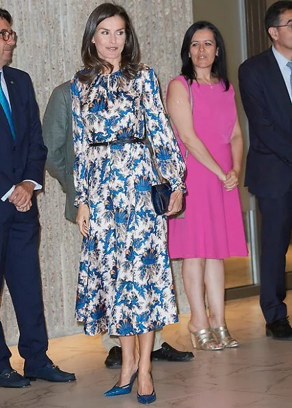 Queen Letizia wore Sandro all-over print long silk dress. Crown Princess Victoria wore Sandro all over print silk dress