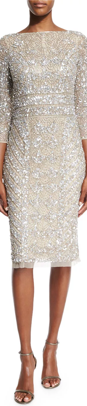 Theia 3/4-Sleeve Embellished Sheath Dress, Platinum