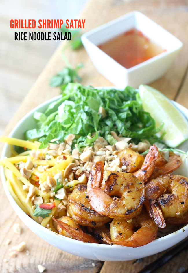 Grilled Satay Shrimp Rice Noodle Salad recipe by SeasonWithSpice.com