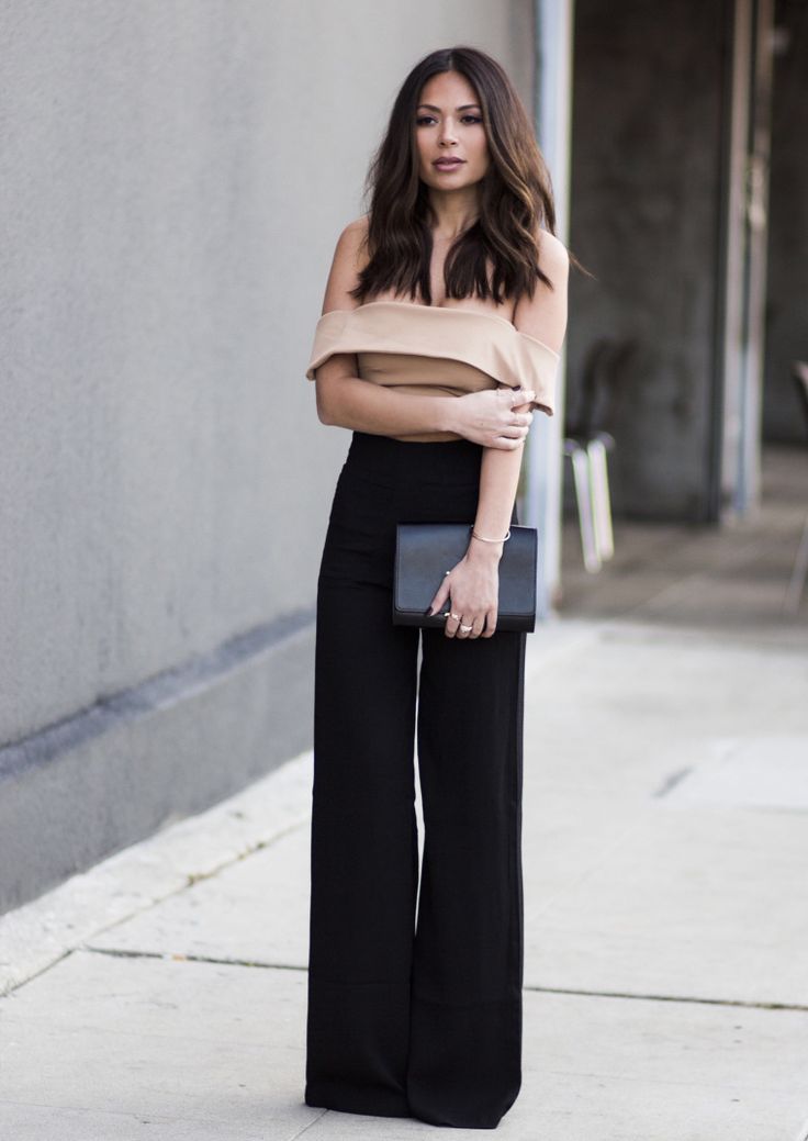 Street style | Black high waist palazzo pants with off the shoulder ...