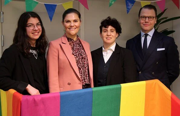 Crown Princess Victoria wore Rodebjer Nera pink blazer, Lexington Janina print blouse. Af Klingberg red suede boots, Camilla Thulin