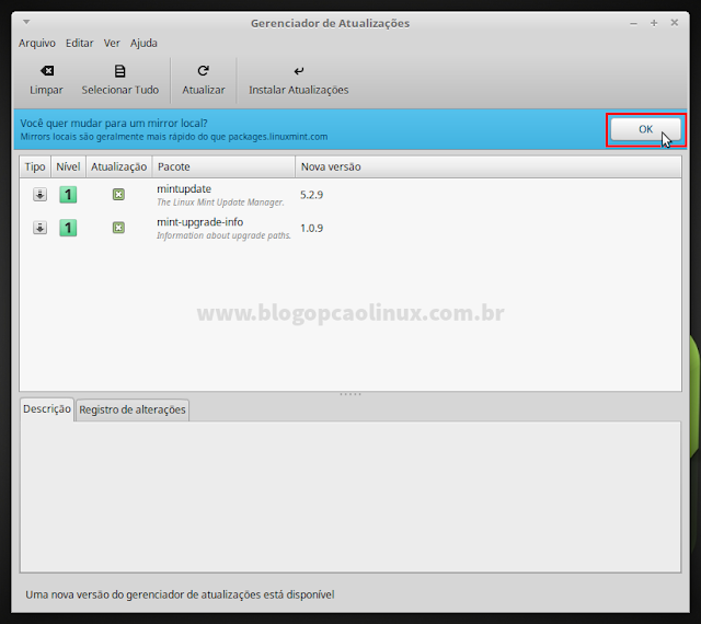 Clique em "OK" para alterar o espelho de download dos pacotes/atualizações