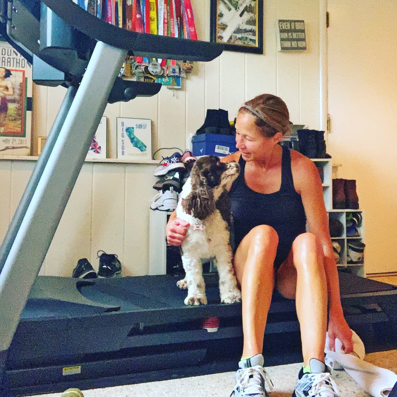 Cocoa consoling me after that Tabata sequence on the treadmill