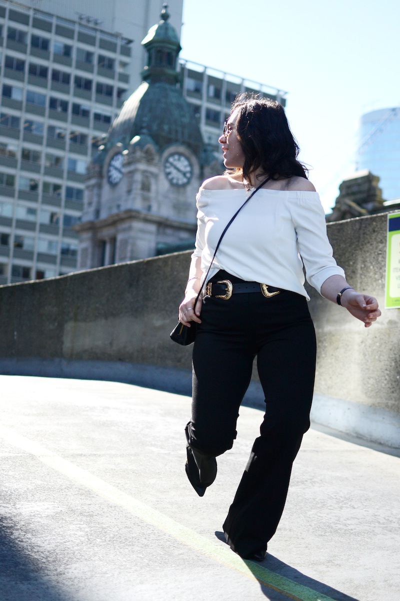 Spring date outfit idea off the shoulder top and flared trousers Vancouver fashion blogger Le Chateau