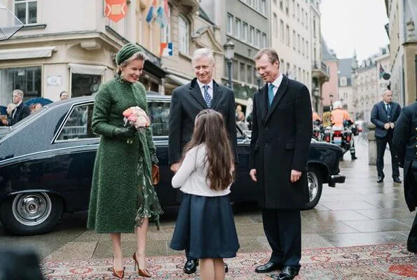 Queen Mathilde wore a floral print dress by Natan. Grand Duchess Maria Teresa. Princess Stephanie