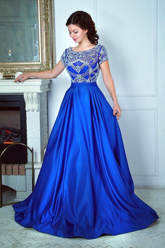 Luxurious Beaded Royal Blue Long Prom Dress with Cap Sleeves