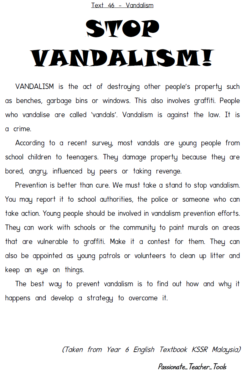 Passionate Teacher Tools Text 46 Vandalism