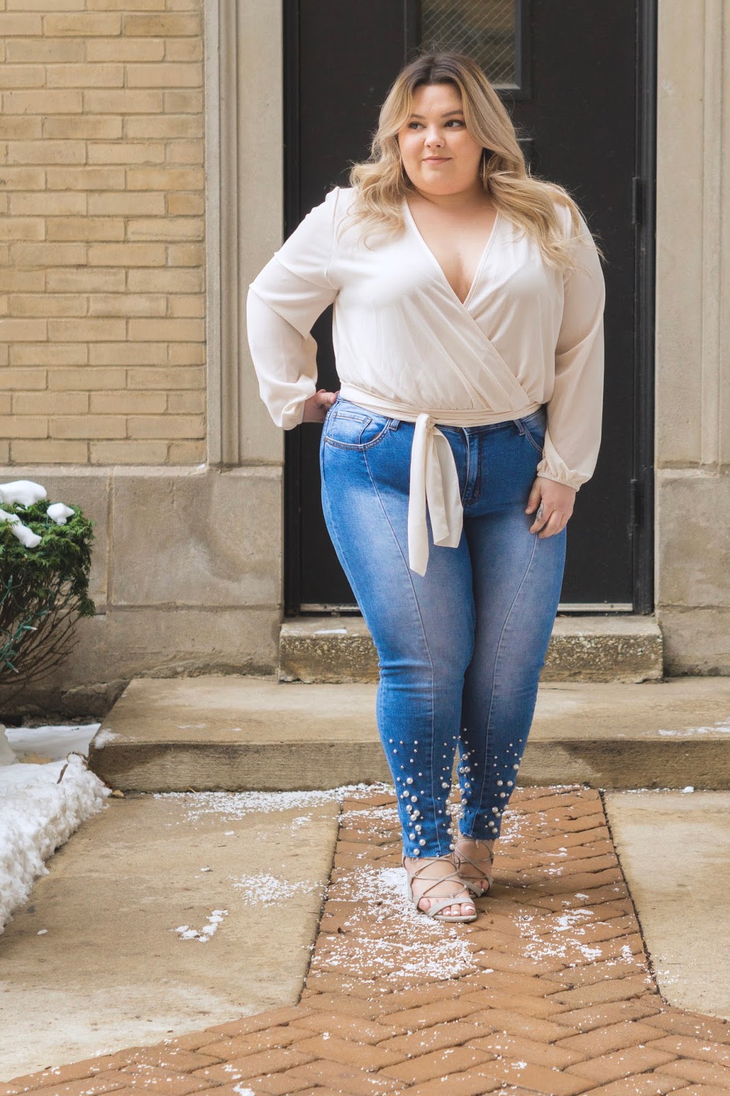 plus size jeans with pearls on them