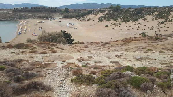 Agathi beach with the excavated tombs in the foreground