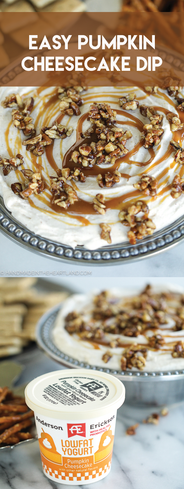 This easy pumpkin cheesecake dip with caramel and pecans is perfect for fall parties and Thanksgiving dessert!