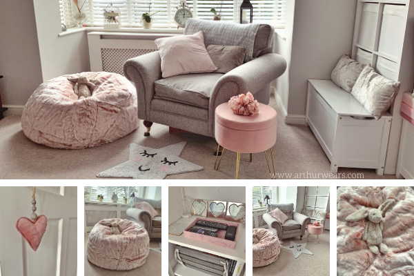 Dusky blush rose pink and grey lounge sitting room with faux fur pink beanbag