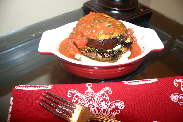 Grilled Eggplant and Portabello Napoleon with fresh tomato sauce and Tofu Ricotta