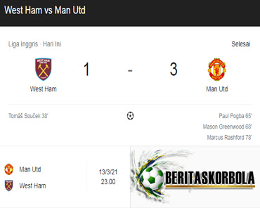 Hasil Pertandingan WestHam vs ManchesterUnited : Skor 1-3