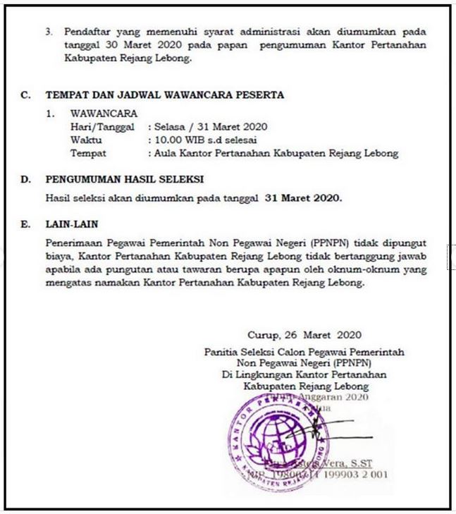 Lowongan Kerja Ppnpn Kantor Pertanahan Kab Rejang Lebong Tahun Anggaran 2020 Lowongan Kerja Dan Rekrutmen Bulan Mei 2021
