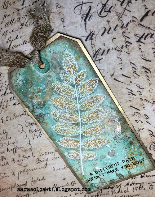 Sara Emily Barker https://sarascloset1.blogspot.com/2019/11/mixed-media-tag-for-vintage-journey-tag.html Mixed Media Tag with Tim Holtz Stamper's Anonymous Pressed Foliage 8
