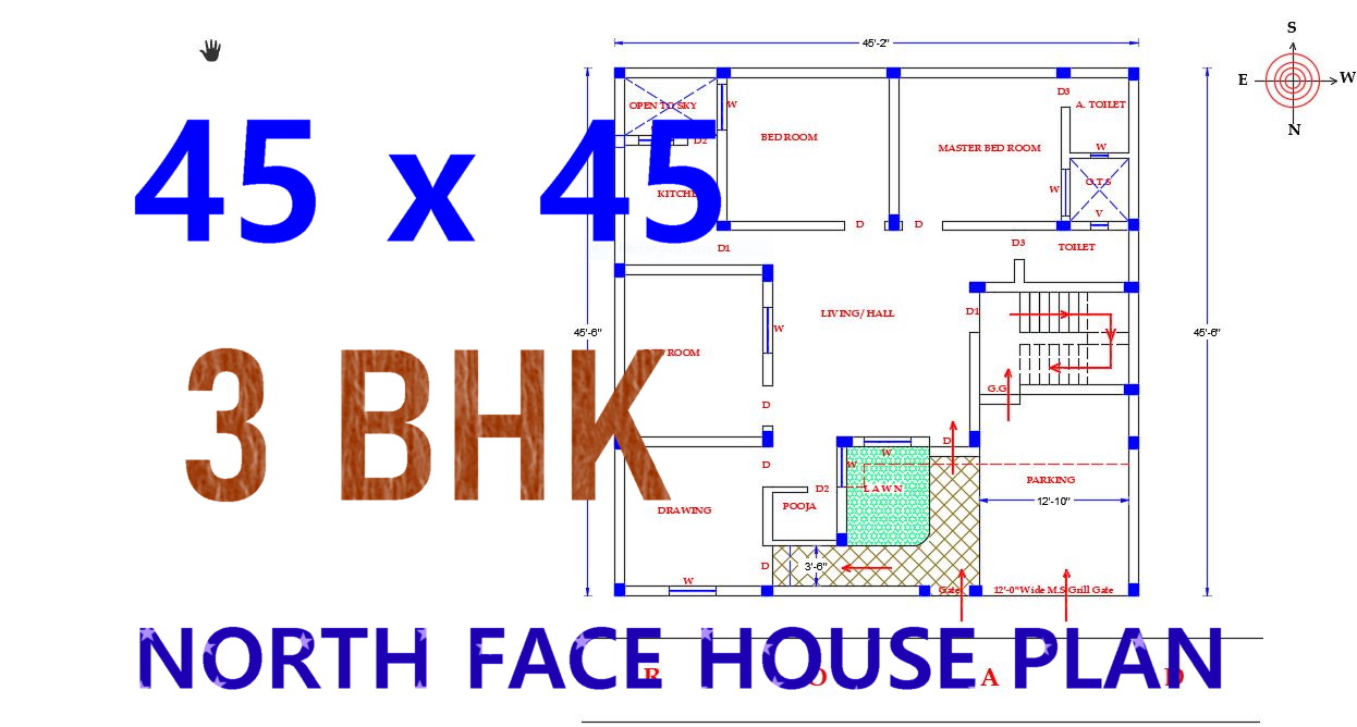 45 x 45 North Face 3BHK House Plan - RK Home Plan